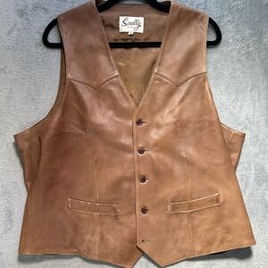 Scully Mens Tan Brown Genuine Leather Western Vest Size 46 Button Front Yoke